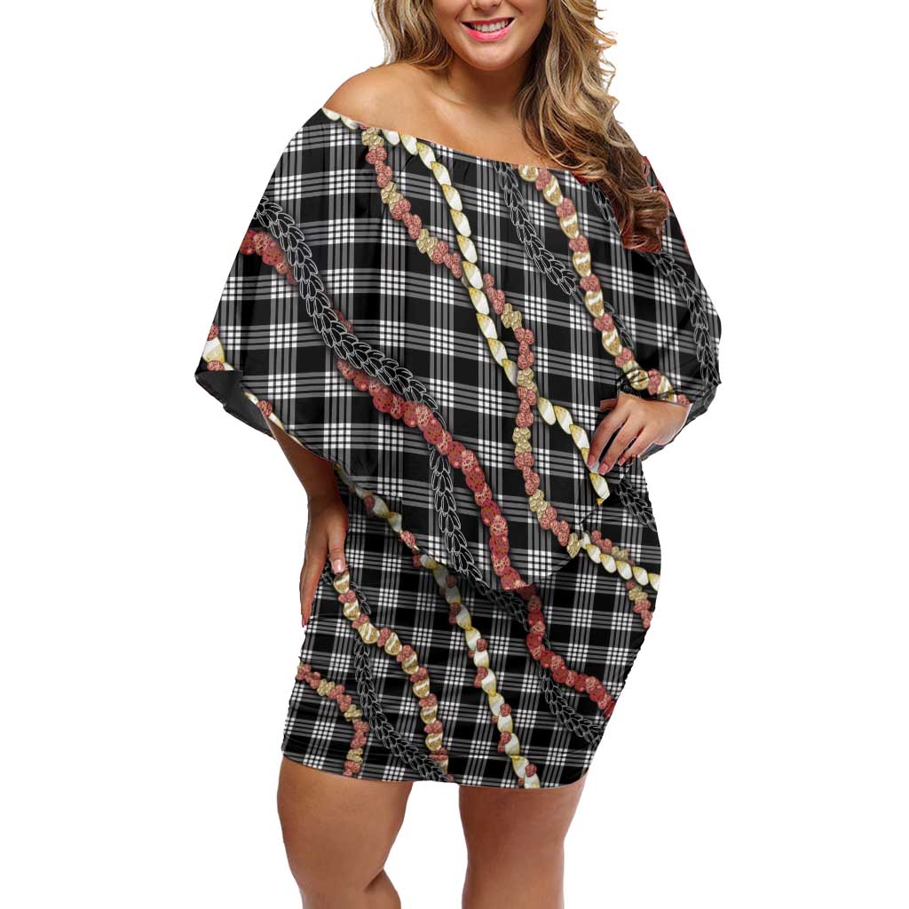 Hawaii Palaka Niihau Shell Lei Off Shoulder Short Dress Tropical Island Plaid Patterns DT05 Women Black - Polynesian Pride