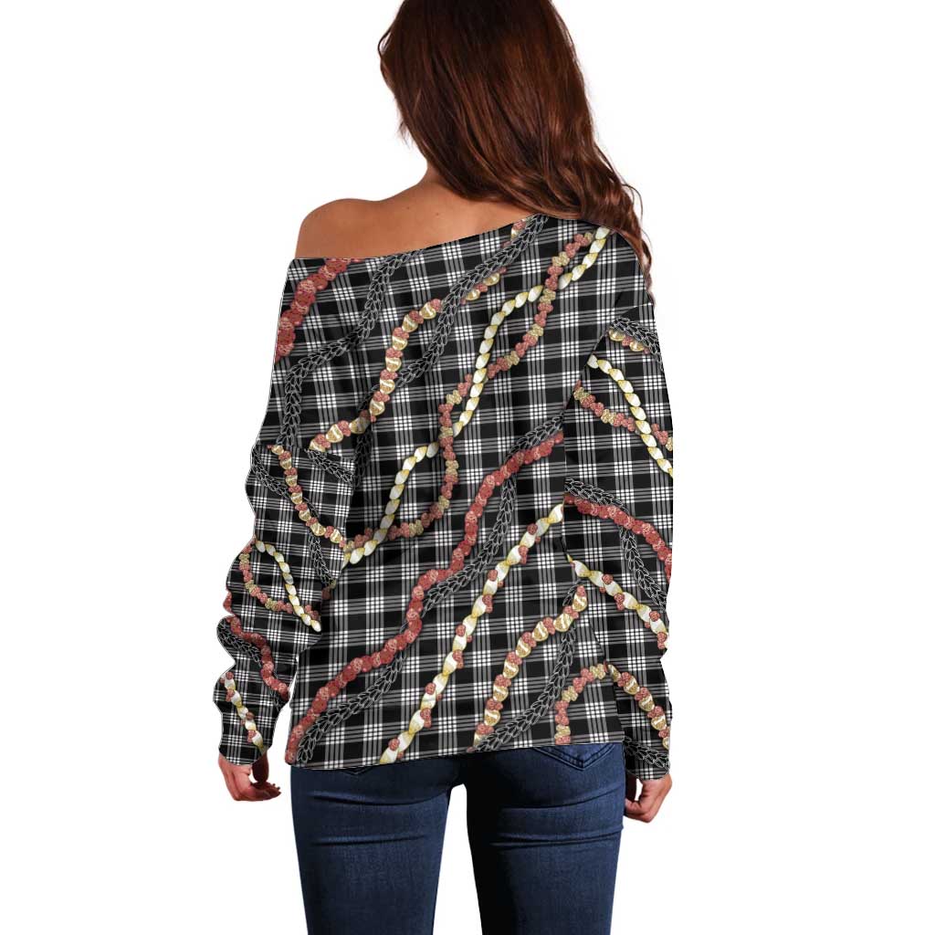 Hawaii Palaka Niihau Shell Lei Off Shoulder Sweater Tropical Island Plaid Patterns