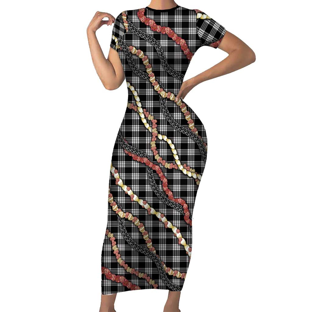Hawaii Palaka Niihau Shell Lei Short Sleeve Bodycon Dress Tropical Island Plaid Patterns