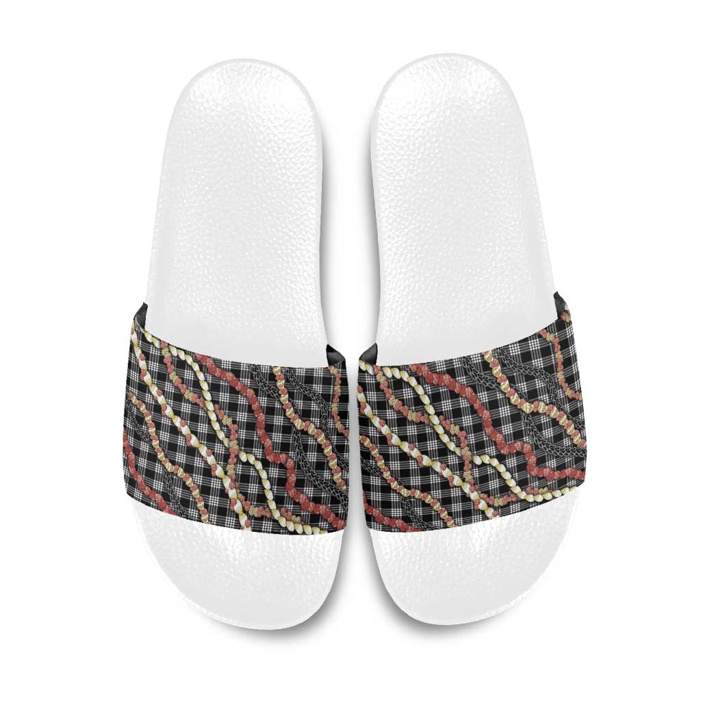 Hawaii Palaka Niihau Shell Lei Slide Sandals Tropical Island Plaid Patterns