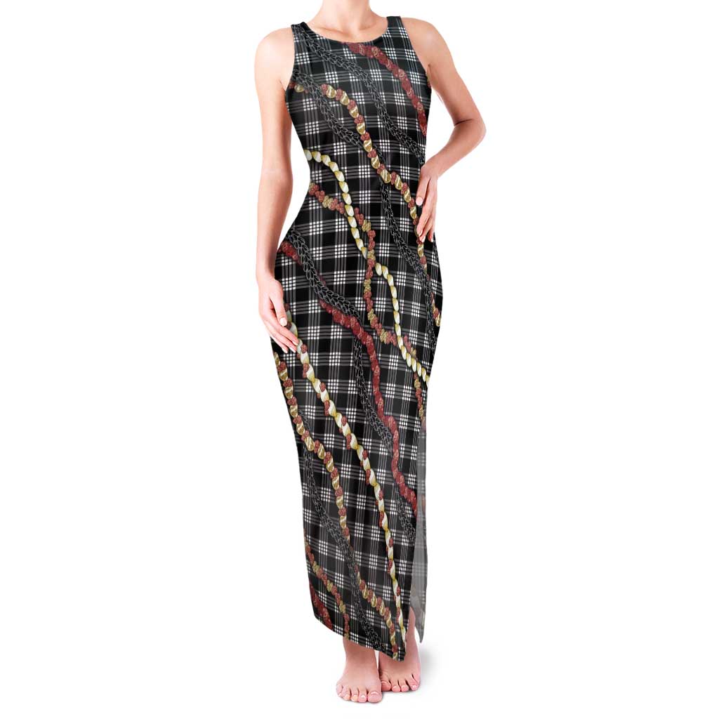 Hawaii Palaka Niihau Shell Lei Tank Maxi Dress Tropical Island Plaid Patterns DT05 Women Black - Polynesian Pride