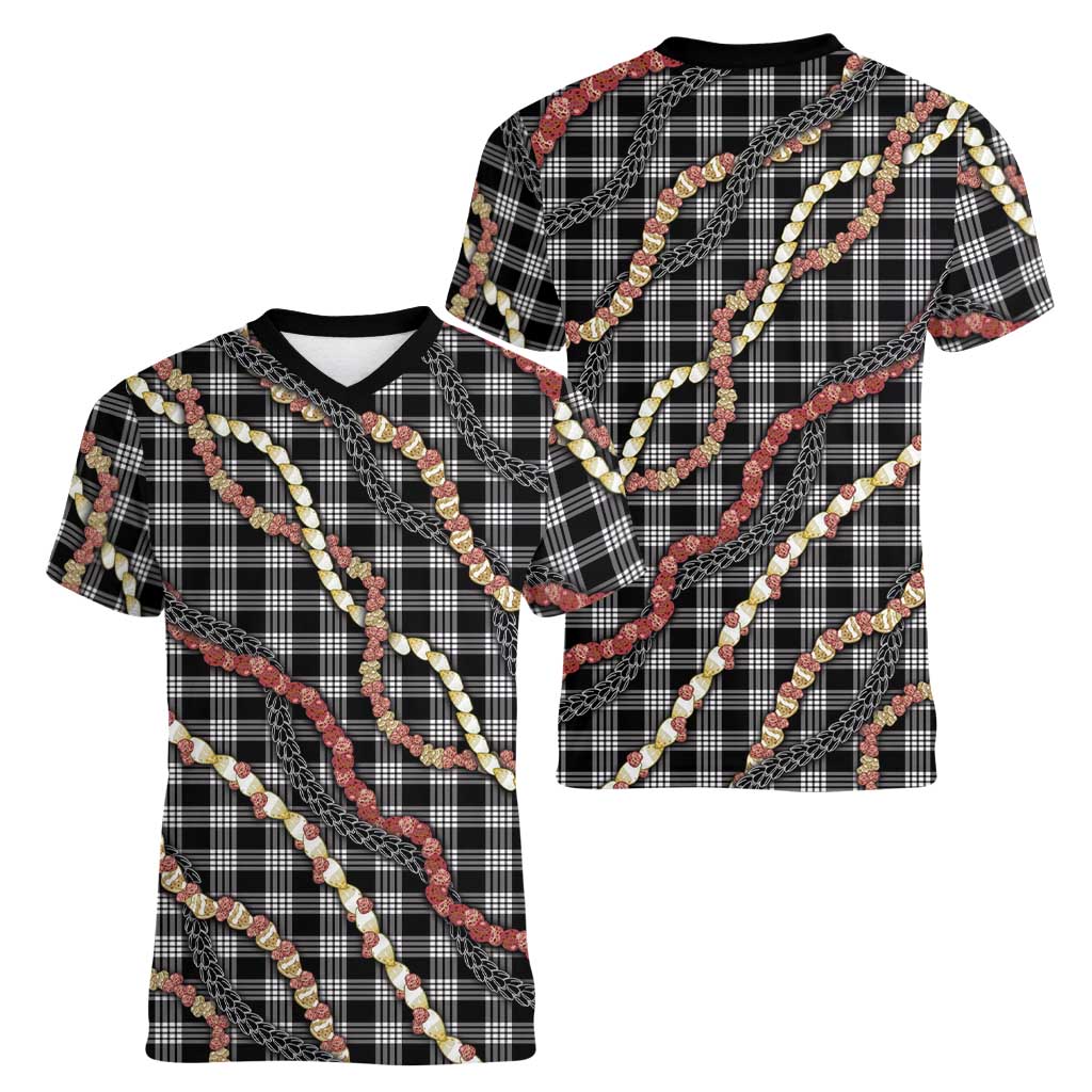 Hawaii Palaka Niihau Shell Lei Women V-Neck T-Shirt Tropical Island Plaid Patterns