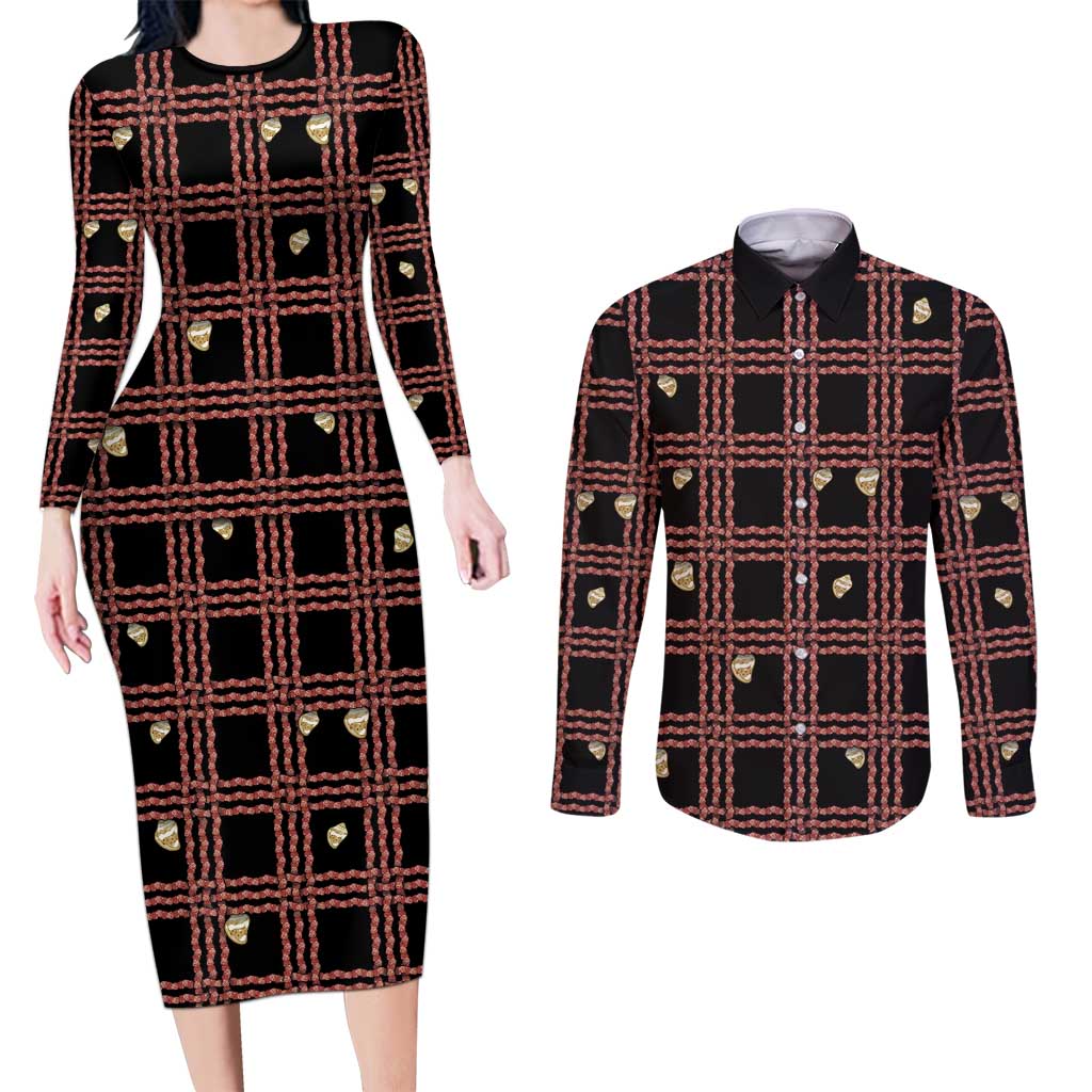 Hawaii Palaka Kahelelani Shell Lei Costume Couples Matching Long Sleeve Bodycon Dress and Long Sleeve Button Shirt Plaid Patterns DT05 Black - Polynesian Pride
