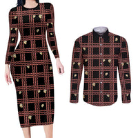 Hawaii Palaka Kahelelani Shell Lei Costume Couples Matching Long Sleeve Bodycon Dress and Long Sleeve Button Shirt Plaid Patterns DT05 Black - Polynesian Pride