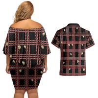Hawaii Palaka Kahelelani Shell Lei Costume Couples Matching Off Shoulder Short Dress and Hawaiian Shirt Plaid Patterns