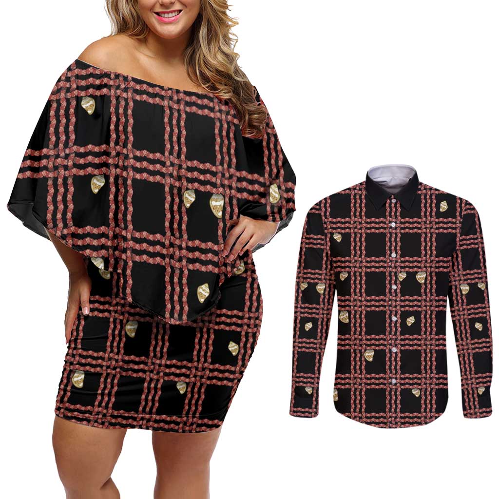 Hawaii Palaka Kahelelani Shell Lei Costume Couples Matching Off Shoulder Short Dress and Long Sleeve Button Shirt Plaid Patterns