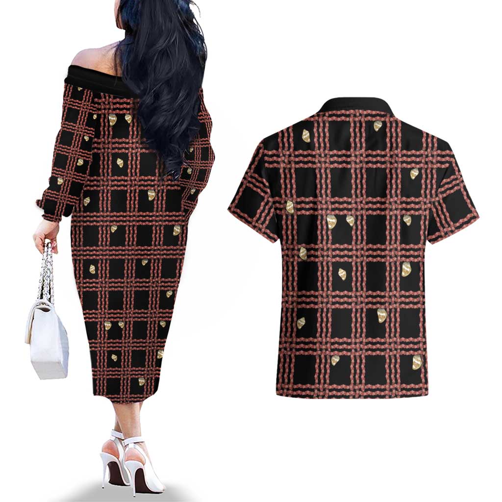 Hawaii Palaka Kahelelani Shell Lei Costume Couples Matching Off The Shoulder Long Sleeve Dress and Hawaiian Shirt Plaid Patterns