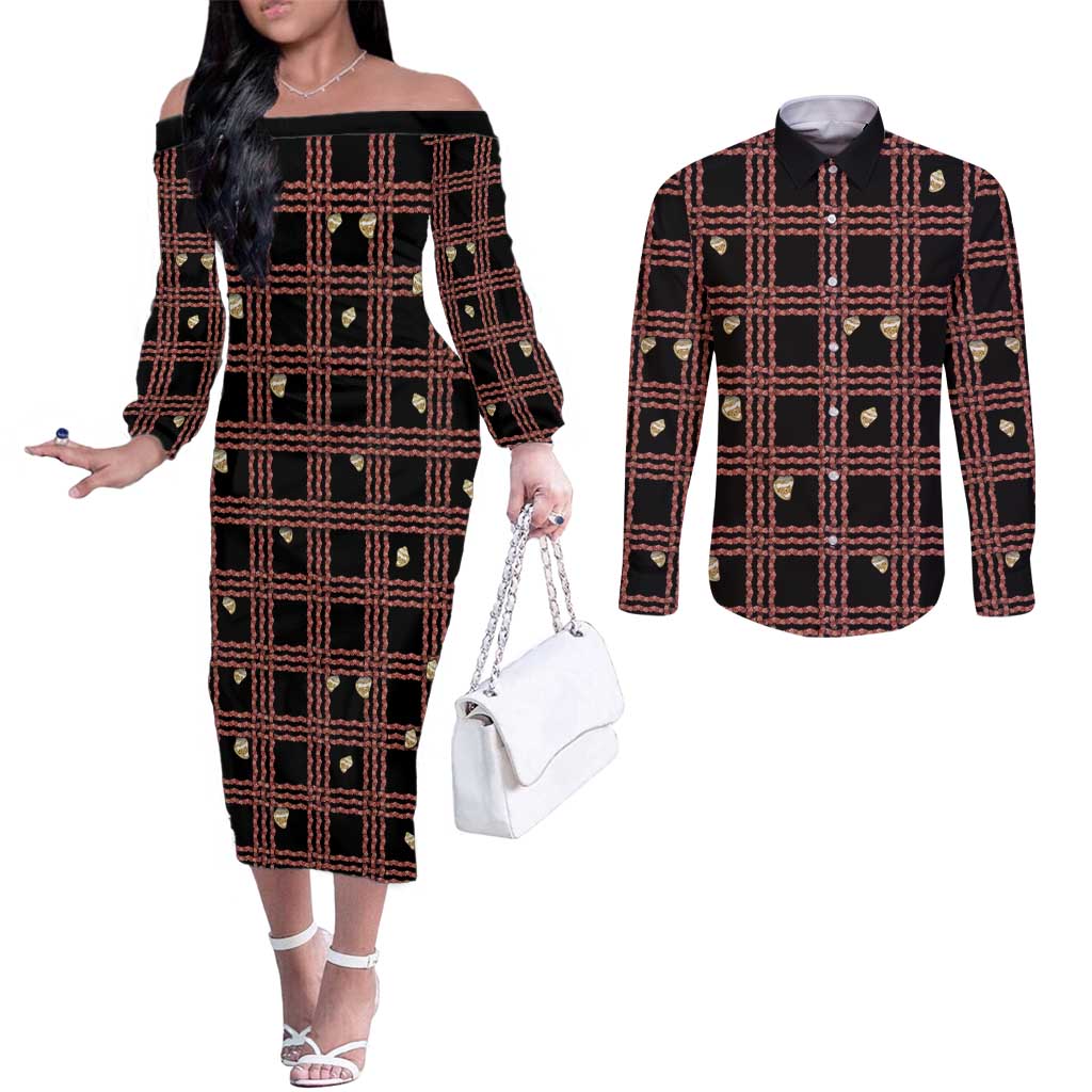 Hawaii Palaka Kahelelani Shell Lei Costume Couples Matching Off The Shoulder Long Sleeve Dress and Long Sleeve Button Shirt Plaid Patterns