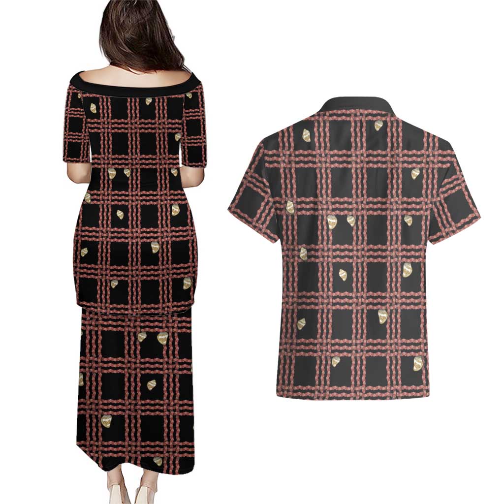 Hawaii Palaka Kahelelani Shell Lei Costume Couples Matching Puletasi and Hawaiian Shirt Plaid Patterns