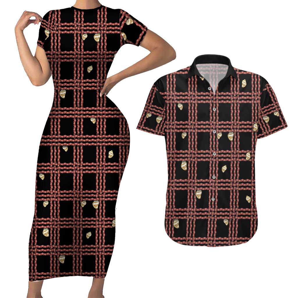 Hawaii Palaka Kahelelani Shell Lei Costume Couples Matching Short Sleeve Bodycon Dress and Hawaiian Shirt Plaid Patterns