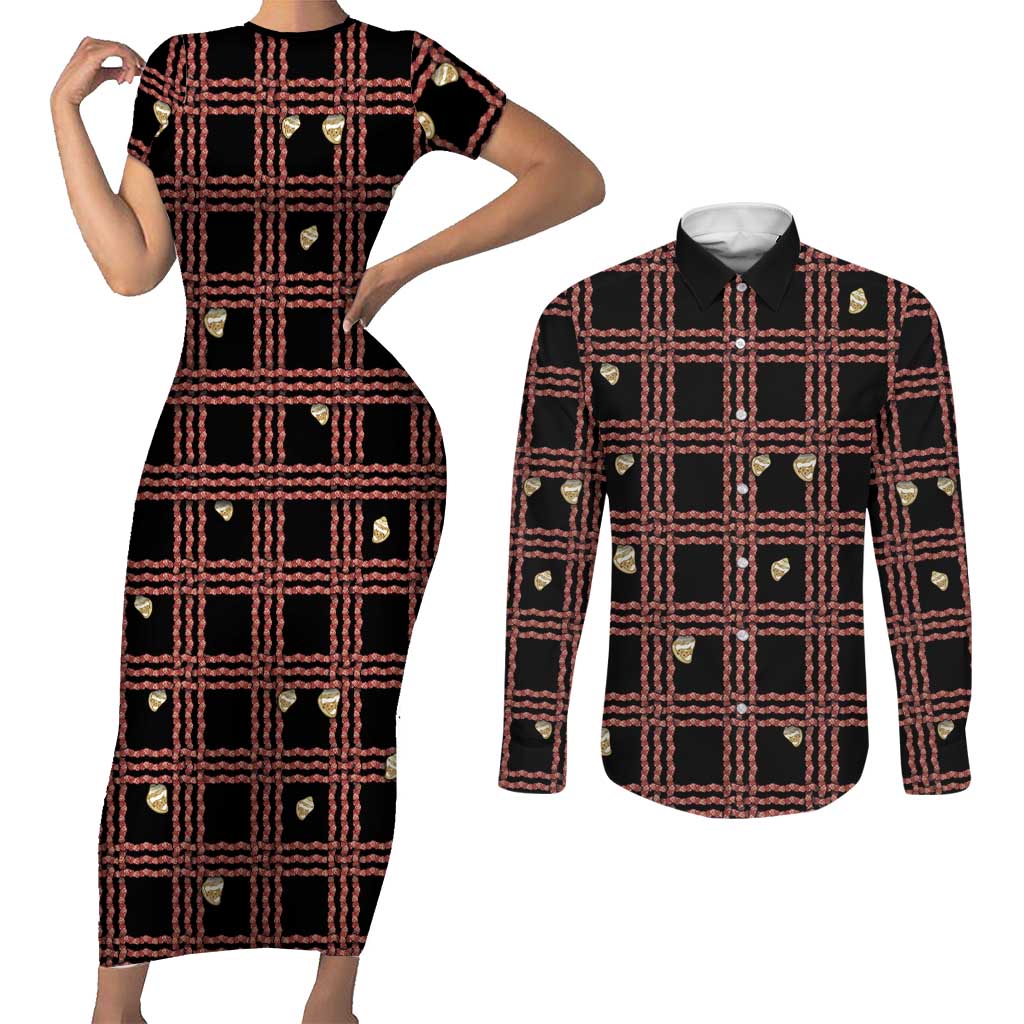 Hawaii Palaka Kahelelani Shell Lei Costume Couples Matching Short Sleeve Bodycon Dress and Long Sleeve Button Shirt Plaid Patterns DT05 Black - Polynesian Pride