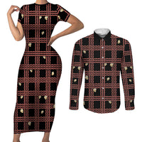 Hawaii Palaka Kahelelani Shell Lei Costume Couples Matching Short Sleeve Bodycon Dress and Long Sleeve Button Shirt Plaid Patterns DT05 Black - Polynesian Pride