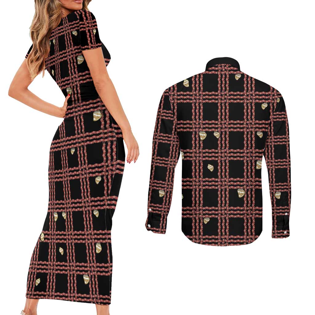 Hawaii Palaka Kahelelani Shell Lei Costume Couples Matching Short Sleeve Bodycon Dress and Long Sleeve Button Shirt Plaid Patterns DT05 - Polynesian Pride