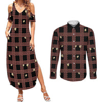 Hawaii Palaka Kahelelani Shell Lei Costume Couples Matching Summer Maxi Dress and Long Sleeve Button Shirt Plaid Patterns