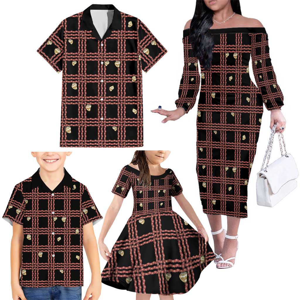 Hawaii Palaka Kahelelani Shell Lei Costume Family Matching Off The Shoulder Long Sleeve Dress and Hawaiian Shirt Plaid Patterns