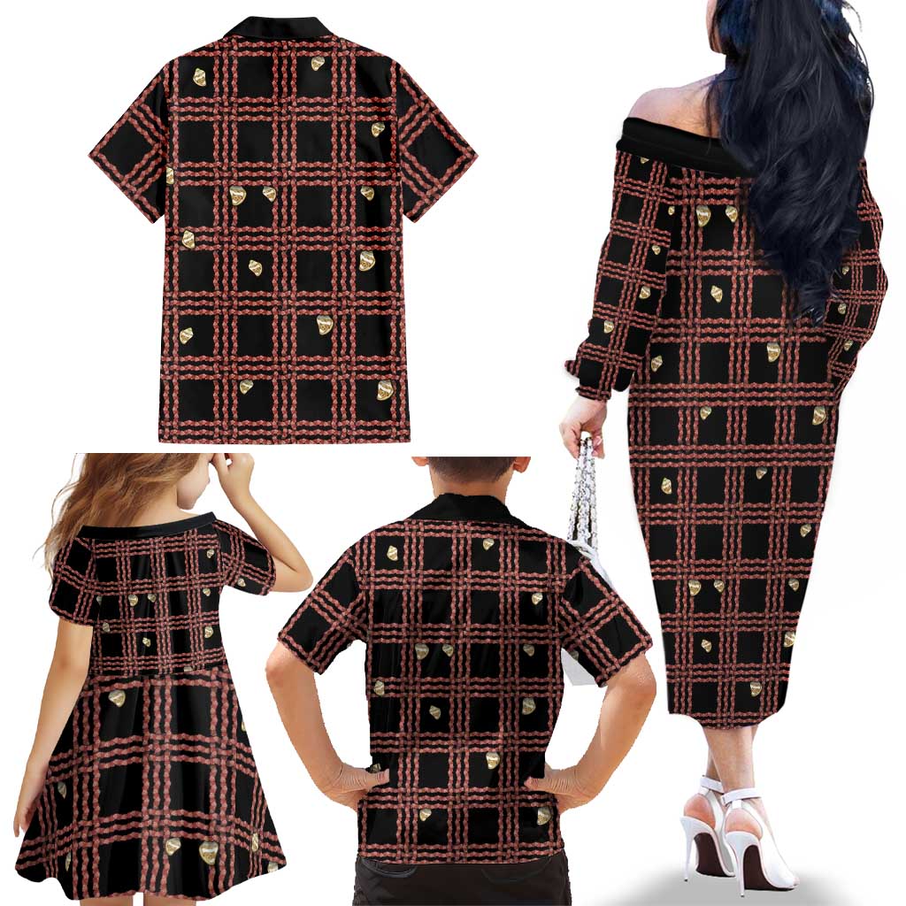 Hawaii Palaka Kahelelani Shell Lei Costume Family Matching Off The Shoulder Long Sleeve Dress and Hawaiian Shirt Plaid Patterns