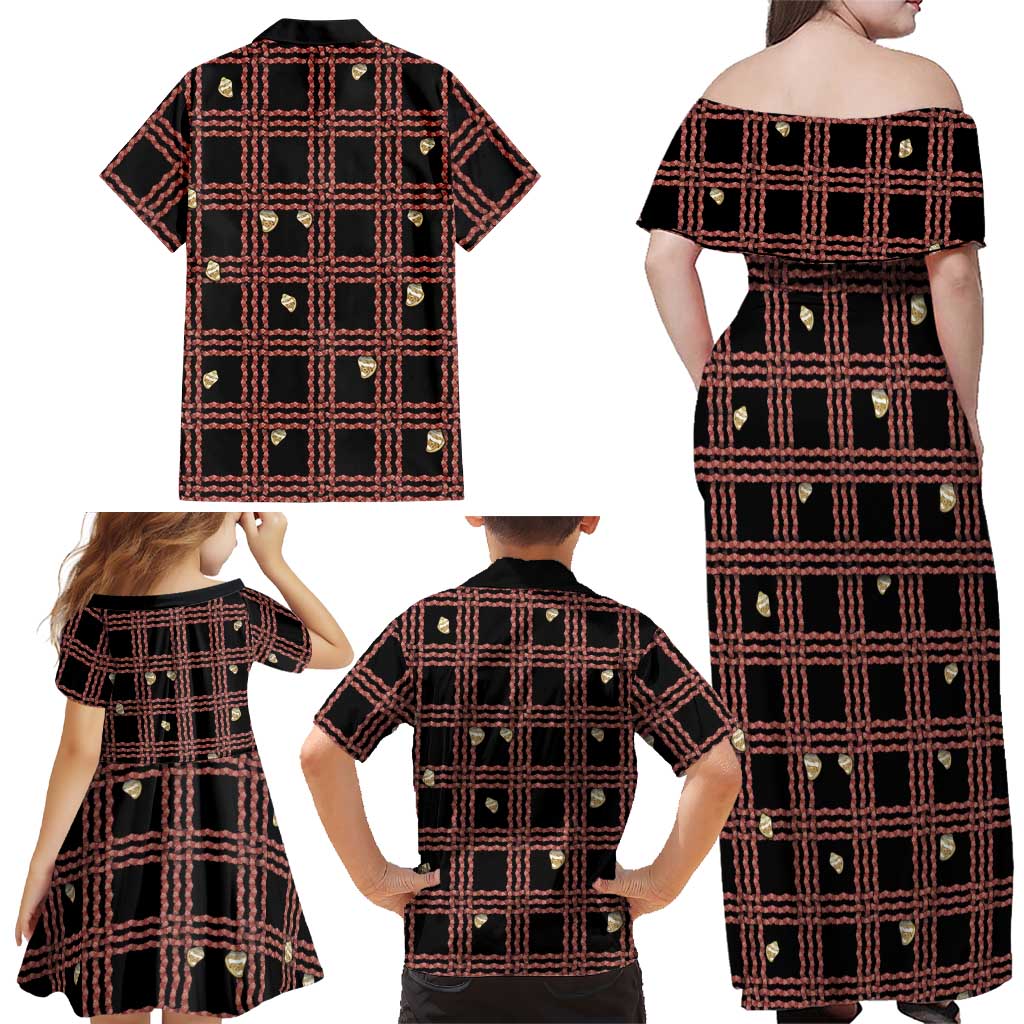 Hawaii Palaka Kahelelani Shell Lei Costume Family Matching Off Shoulder Maxi Dress and Hawaiian Shirt Plaid Patterns
