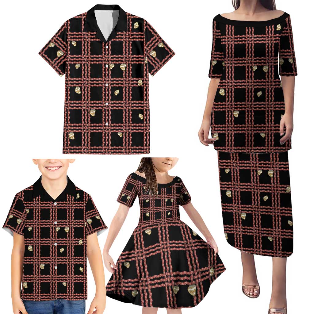 Hawaii Palaka Kahelelani Shell Lei Costume Family Matching Puletasi and Hawaiian Shirt Plaid Patterns
