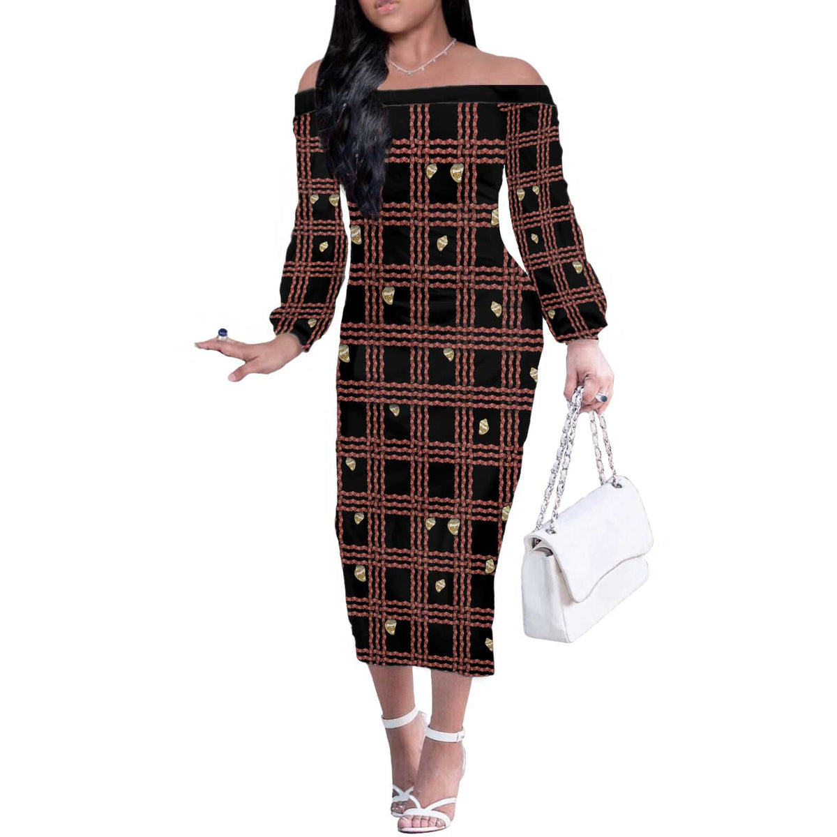Hawaii Palaka Kahelelani Shell Lei Costume Off The Shoulder Long Sleeve Dress Plaid Patterns DT05 Women Black - Polynesian Pride