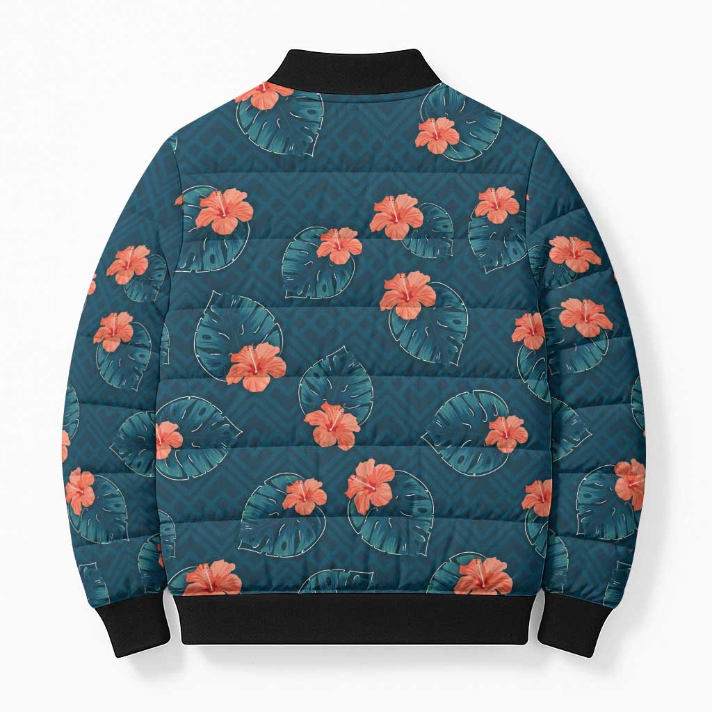 Hawaii Monstera Bomber Puffer Jacket Hibiscus Flowers Simple Style - Polynesian Pride