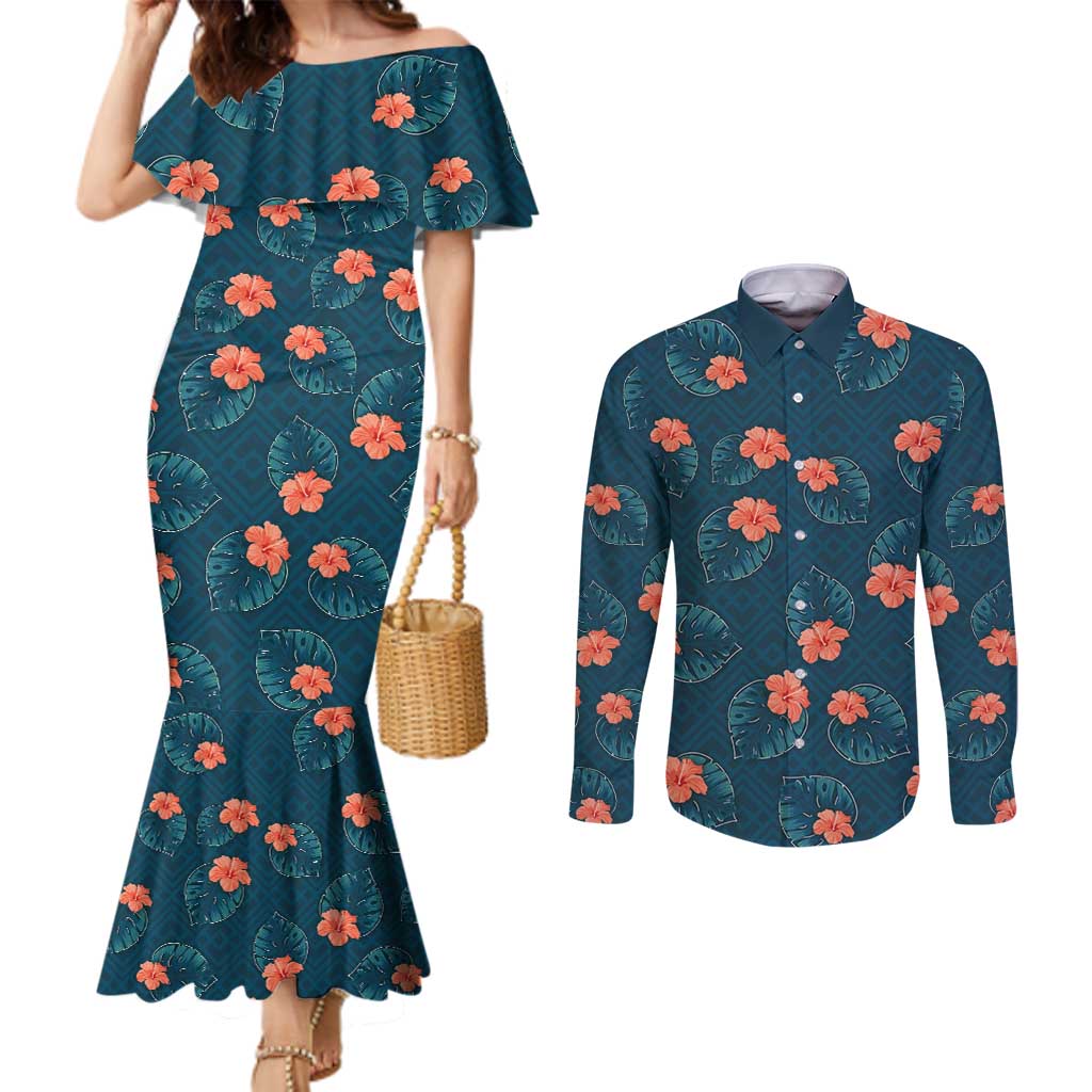 Hawaii Monstera Couples Matching Mermaid Dress and Long Sleeve Button Shirt Hibiscus Flowers Simple Style - Polynesian Pride