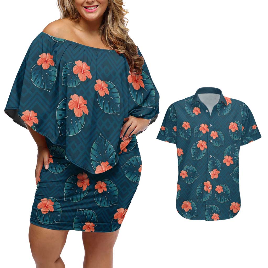 Hawaii Monstera Couples Matching Off Shoulder Short Dress and Hawaiian Shirt Hibiscus Flowers Simple Style - Polynesian Pride