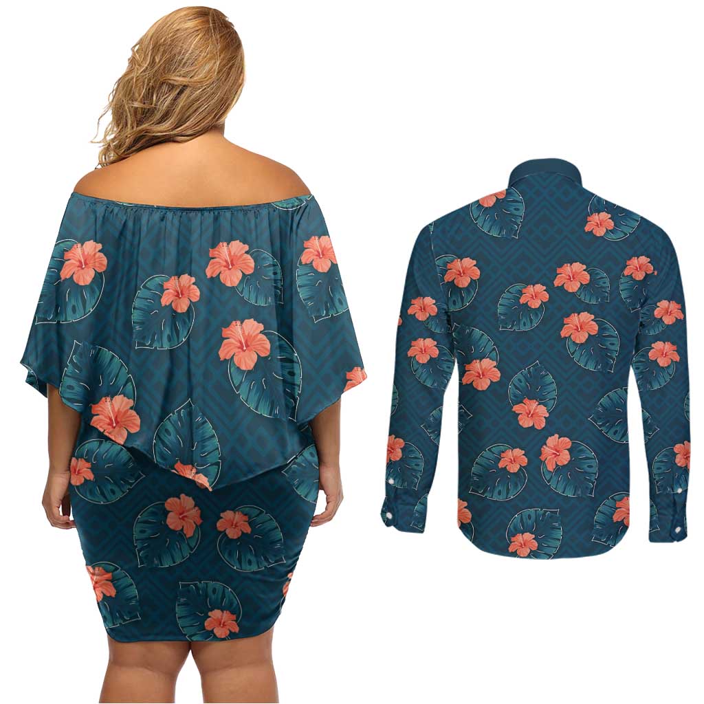 Hawaii Monstera Couples Matching Off Shoulder Short Dress and Long Sleeve Button Shirt Hibiscus Flowers Simple Style - Polynesian Pride
