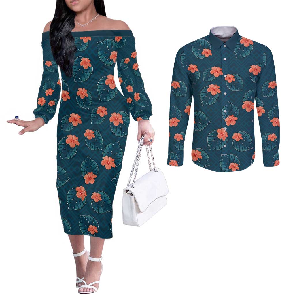 Hawaii Monstera Couples Matching Off The Shoulder Long Sleeve Dress and Long Sleeve Button Shirt Hibiscus Flowers Simple Style - Polynesian Pride