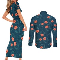 Hawaii Monstera Couples Matching Short Sleeve Bodycon Dress and Long Sleeve Button Shirt Hibiscus Flowers Simple Style - Polynesian Pride