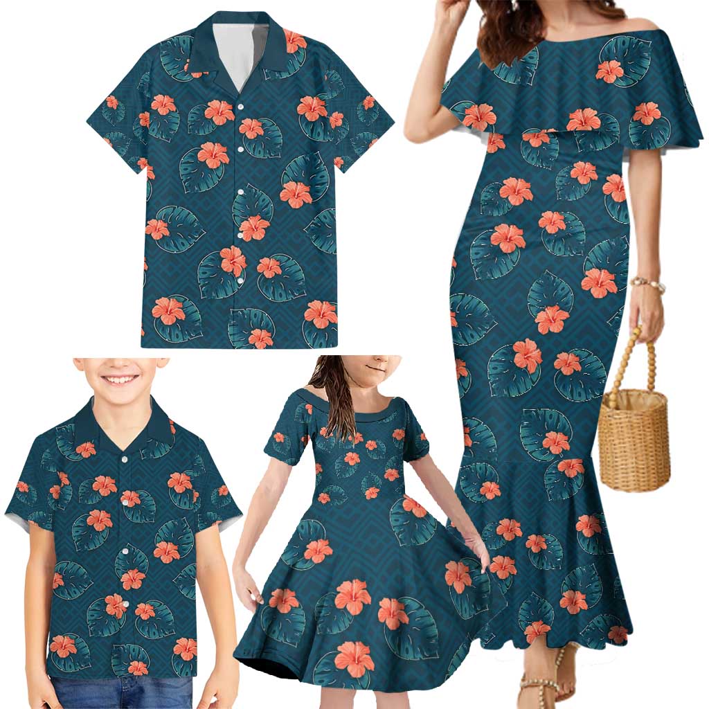 Hawaii Monstera Family Matching Mermaid Dress and Hawaiian Shirt Hibiscus Flowers Simple Style - Polynesian Pride