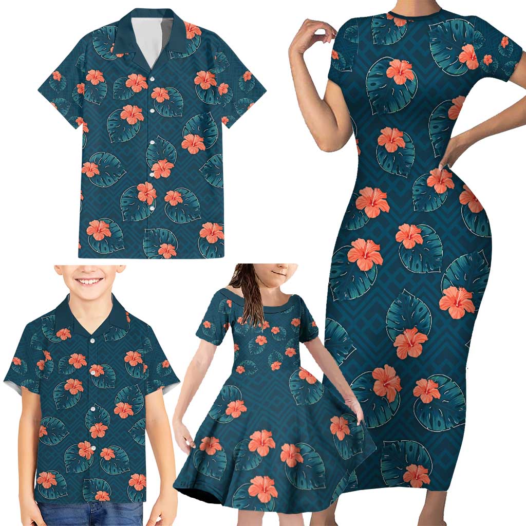 Hawaii Monstera Family Matching Short Sleeve Bodycon Dress and Hawaiian Shirt Hibiscus Flowers Simple Style - Polynesian Pride