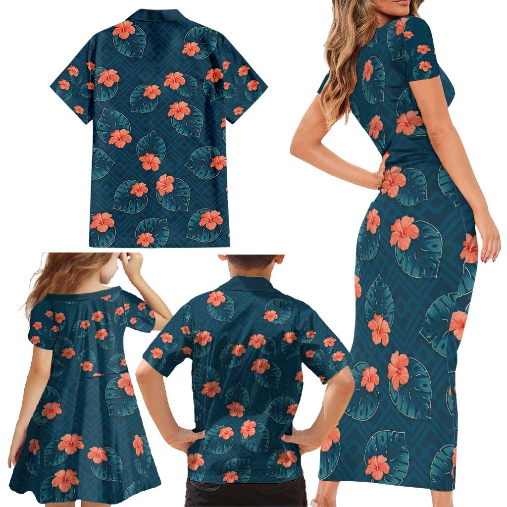 Hawaii Monstera Family Matching Short Sleeve Bodycon Dress and Hawaiian Shirt Hibiscus Flowers Simple Style - Polynesian Pride