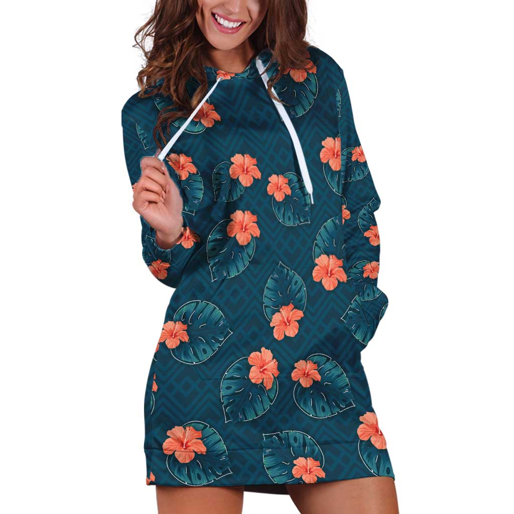 Hawaii Monstera Hoodie Dress Hibiscus Flowers Simple Style - Polynesian Pride