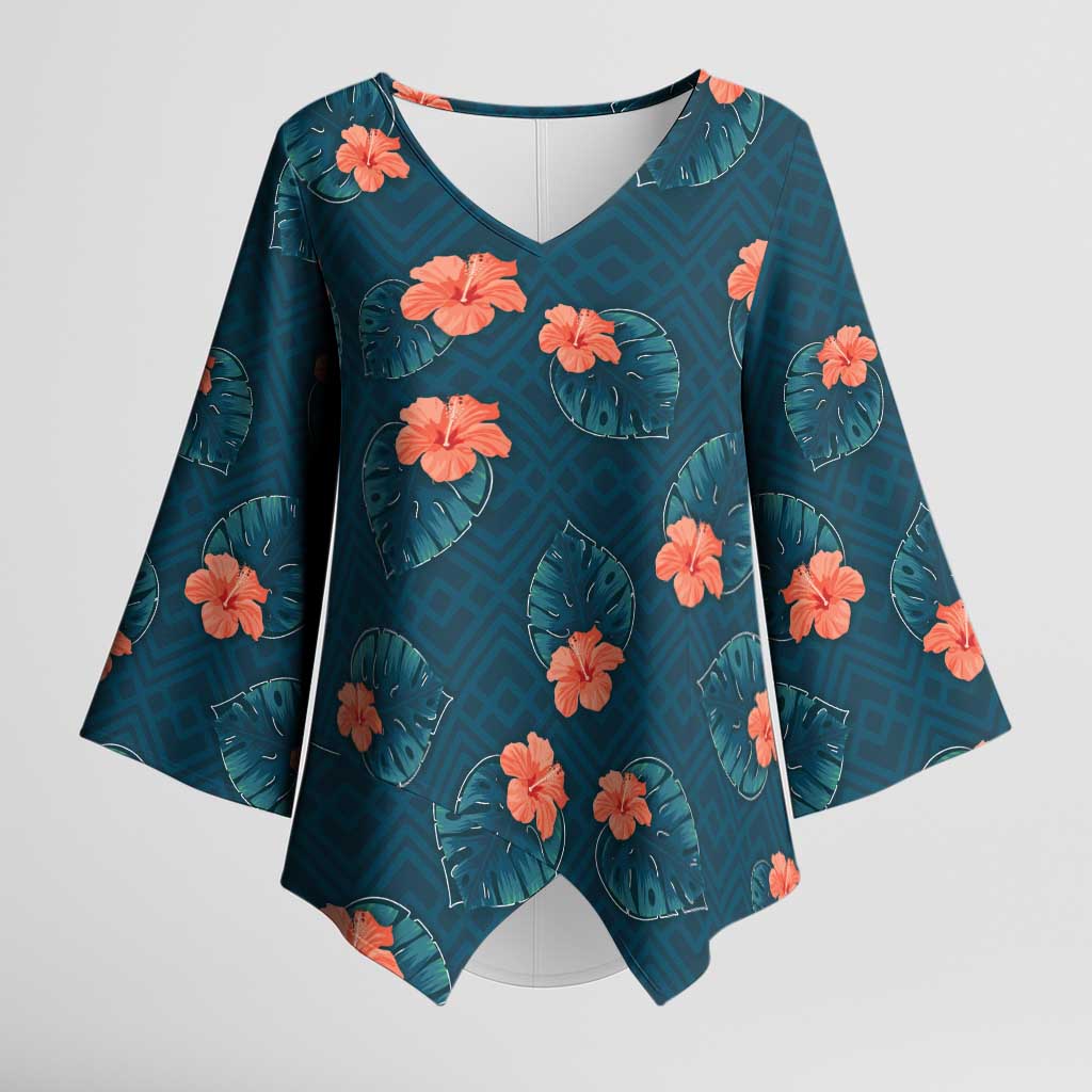 Hawaii Monstera Kimono Sleeve Blouse Hibiscus Flowers Simple Style - Polynesian Pride
