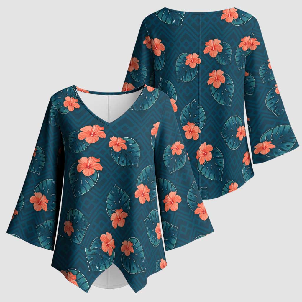 Hawaii Monstera Kimono Sleeve Blouse Hibiscus Flowers Simple Style - Polynesian Pride