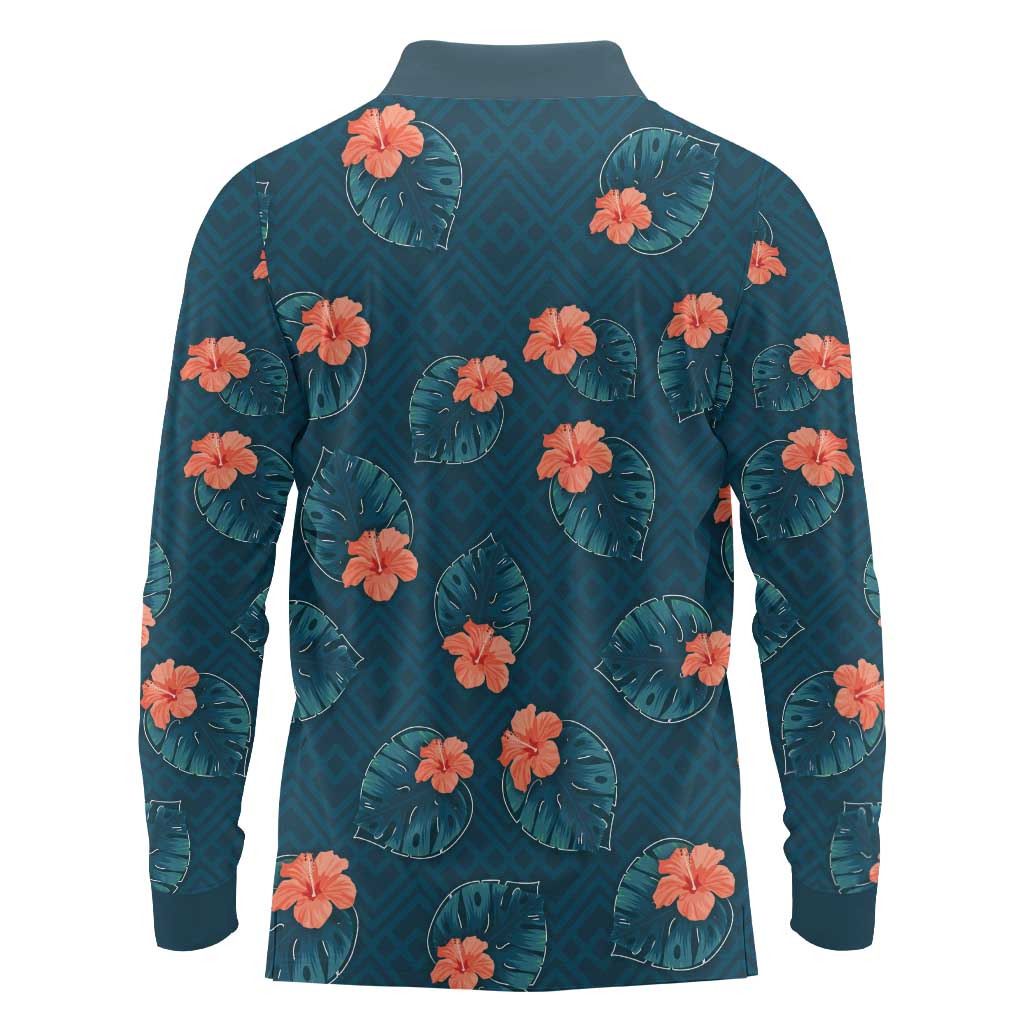 Hawaii Monstera Long Sleeve Polo Shirt Hibiscus Flowers Simple Style - Polynesian Pride