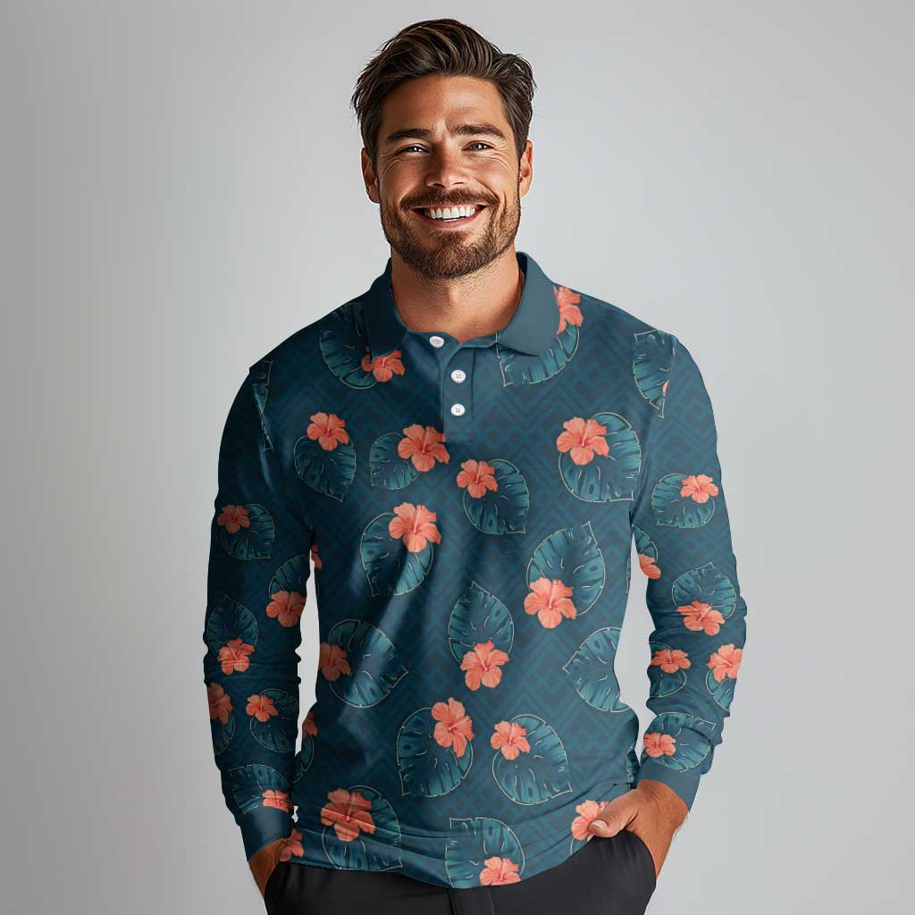 Hawaii Monstera Long Sleeve Polo Shirt Hibiscus Flowers Simple Style - Polynesian Pride