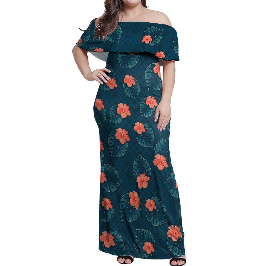 Hawaii Monstera Off Shoulder Maxi Dress Hibiscus Flowers Simple Style DT05 Women Dark Teal - Polynesian Pride