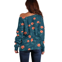 Hawaii Monstera Off Shoulder Sweater Hibiscus Flowers Simple Style - Polynesian Pride
