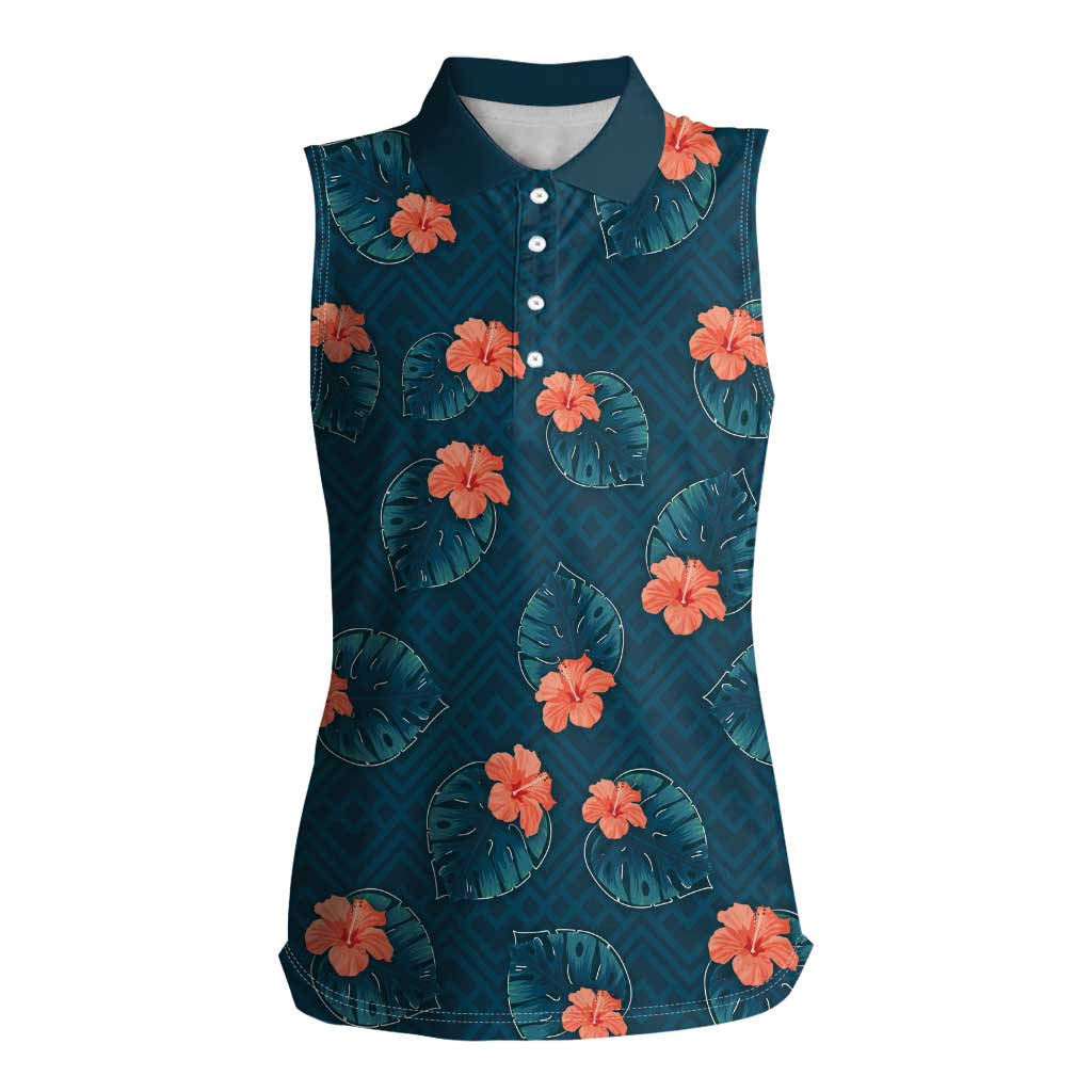 Hawaii Monstera Women Sleeveless Polo Shirt Hibiscus Flowers Simple Style - Polynesian Pride