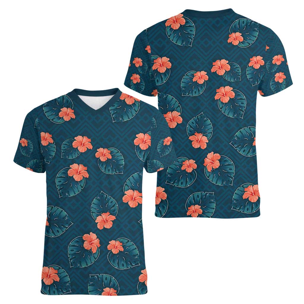 Hawaii Monstera Women V-Neck T-Shirt Hibiscus Flowers Simple Style - Polynesian Pride