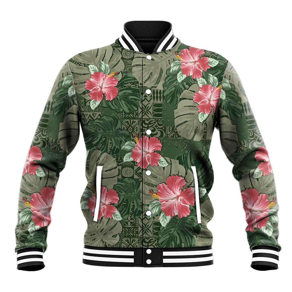 Hawaii Baseball Jacket Green Polynesian Monstera Patterns - Polynesian Pride