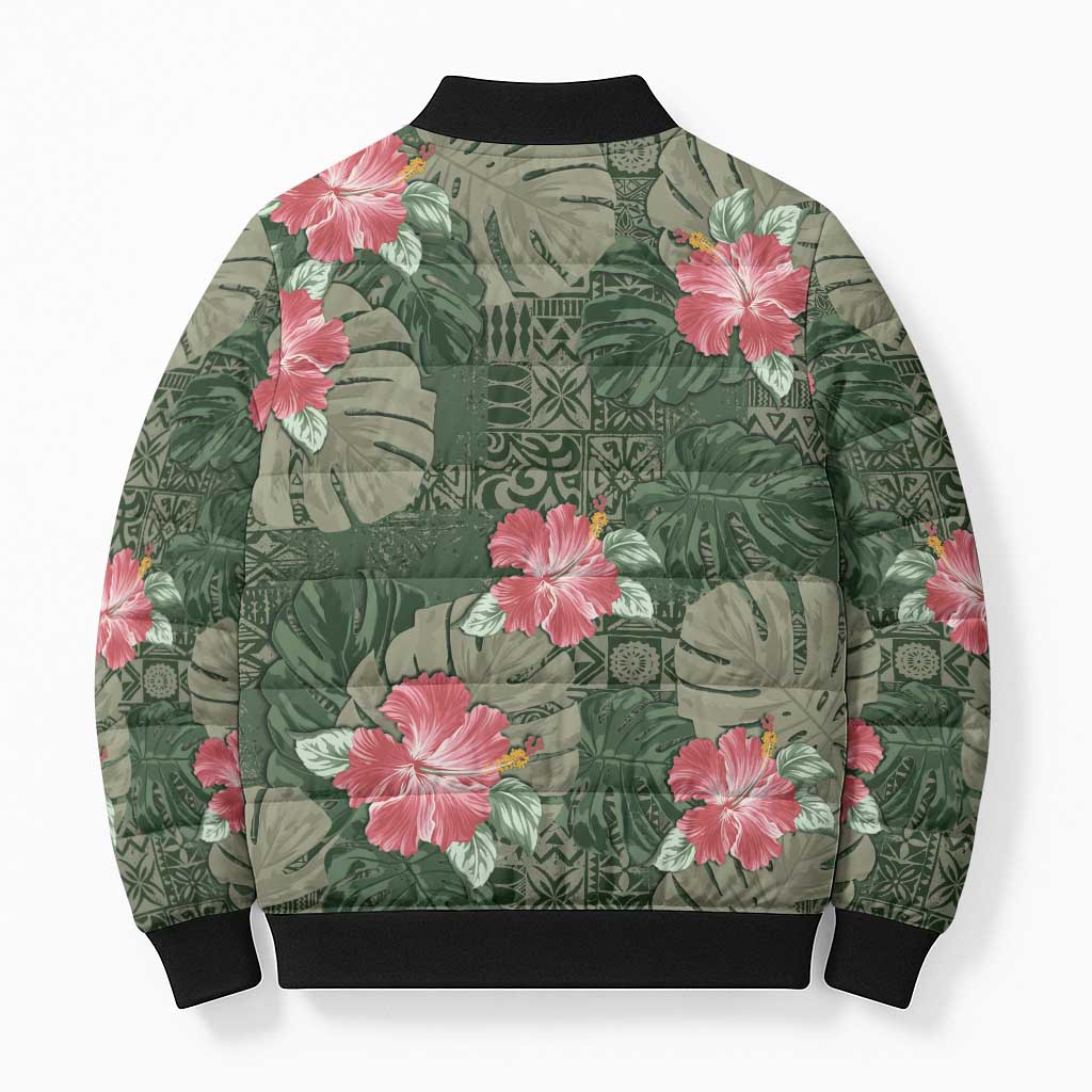 Hawaii Bomber Puffer Jacket Green Polynesian Monstera Patterns - Polynesian Pride