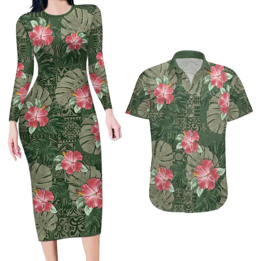 Hawaii Couples Matching Long Sleeve Bodycon Dress and Hawaiian Shirt Green Polynesian Monstera Patterns - Polynesian Pride