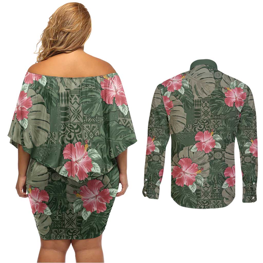 Hawaii Couples Matching Off Shoulder Short Dress and Long Sleeve Button Shirt Green Polynesian Monstera Patterns - Polynesian Pride