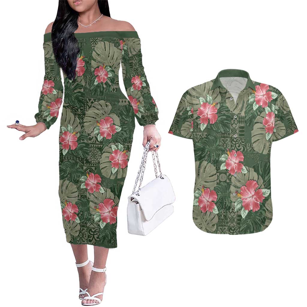 Hawaii Couples Matching Off The Shoulder Long Sleeve Dress and Hawaiian Shirt Green Polynesian Monstera Patterns - Polynesian Pride