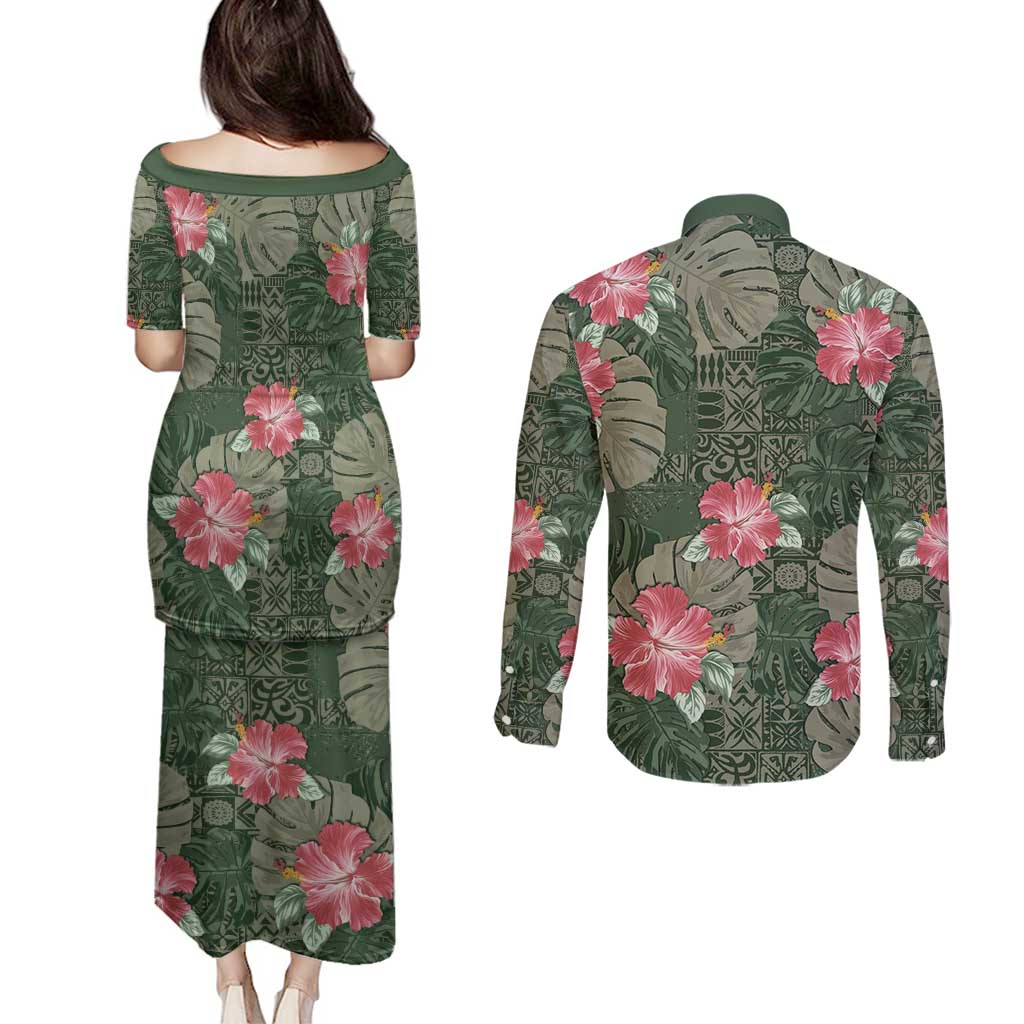 Hawaii Couples Matching Puletasi and Long Sleeve Button Shirt Green Polynesian Monstera Patterns - Polynesian Pride