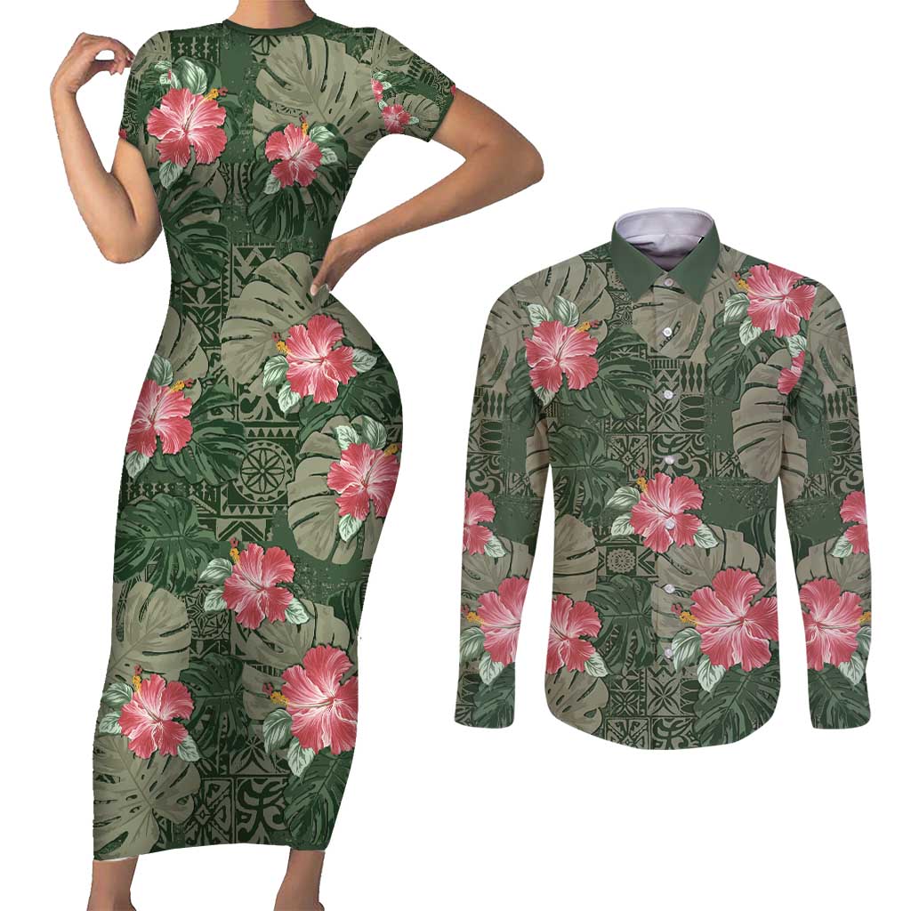 Hawaii Couples Matching Short Sleeve Bodycon Dress and Long Sleeve Button Shirt Green Polynesian Monstera Patterns - Polynesian Pride