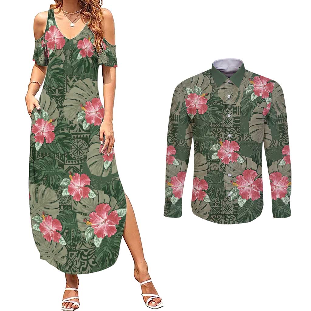 Hawaii Couples Matching Summer Maxi Dress and Long Sleeve Button Shirt Green Polynesian Monstera Patterns - Polynesian Pride