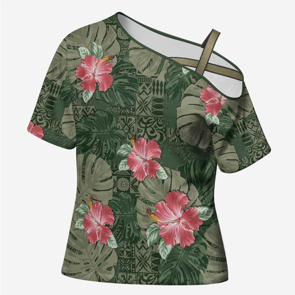 Hawaii Cross Shoulder Shirt Green Polynesian Monstera Patterns - Polynesian Pride